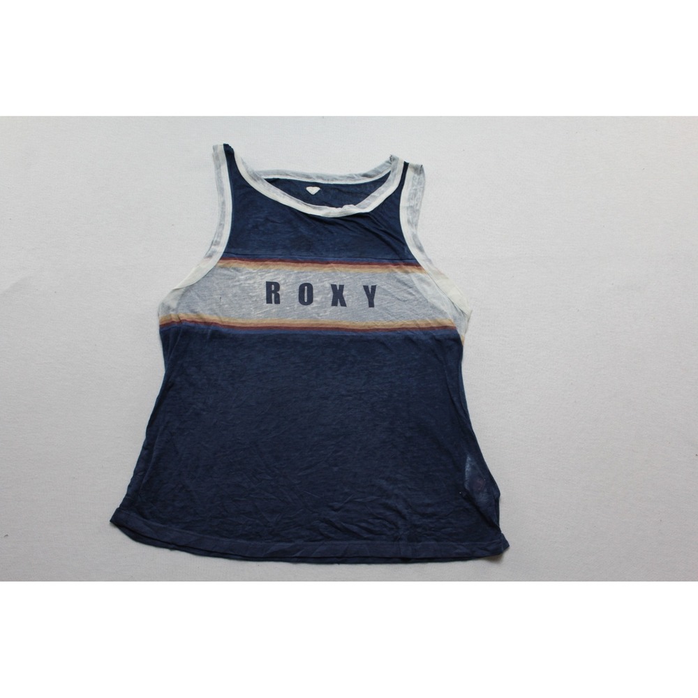 Roxy Tank Top Women Small Blue Good Retro Stripe Graphic Sleeveless Tee